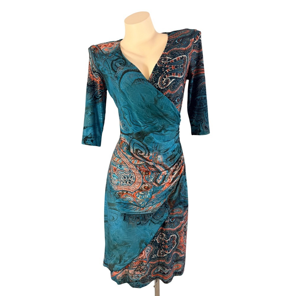 Janine Boho Retro Paisley Faux Wrap Sheath Dress Teal Blue Orange Size M